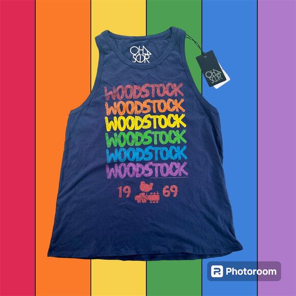 Chaser NWT Women's Medium Blue 100% Cotton Woodstock 1969 Rainbow Tank Top - Picture 2 of 8